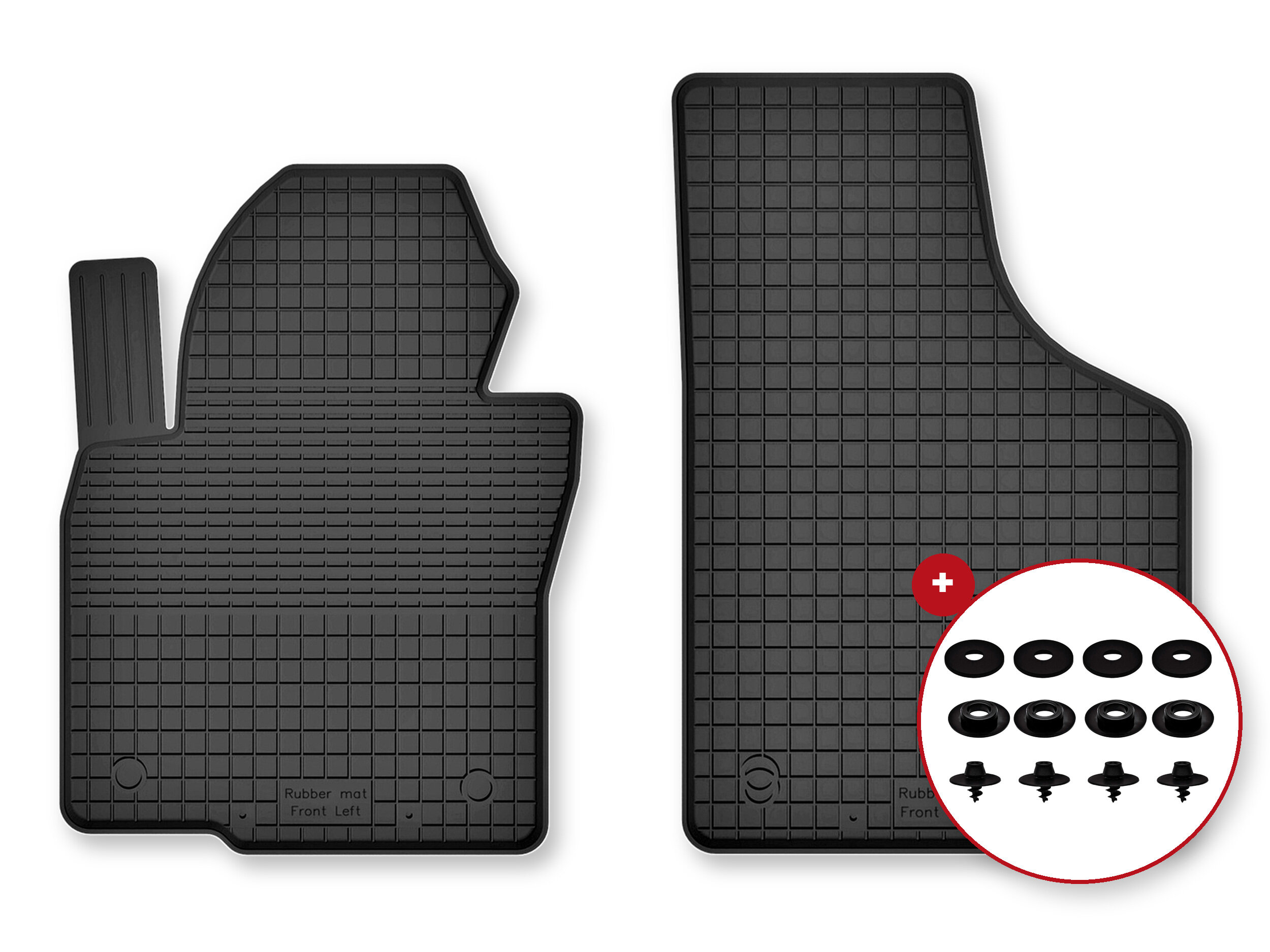 Dwa czarne dywaniki samochodowe z gumy o korytkowej strukturze, z widocznymi napisami \'Rubber mat Front Left\'. Obok znajduje się zestaw stoperów w okrągłym czerwonym obramowaniu.