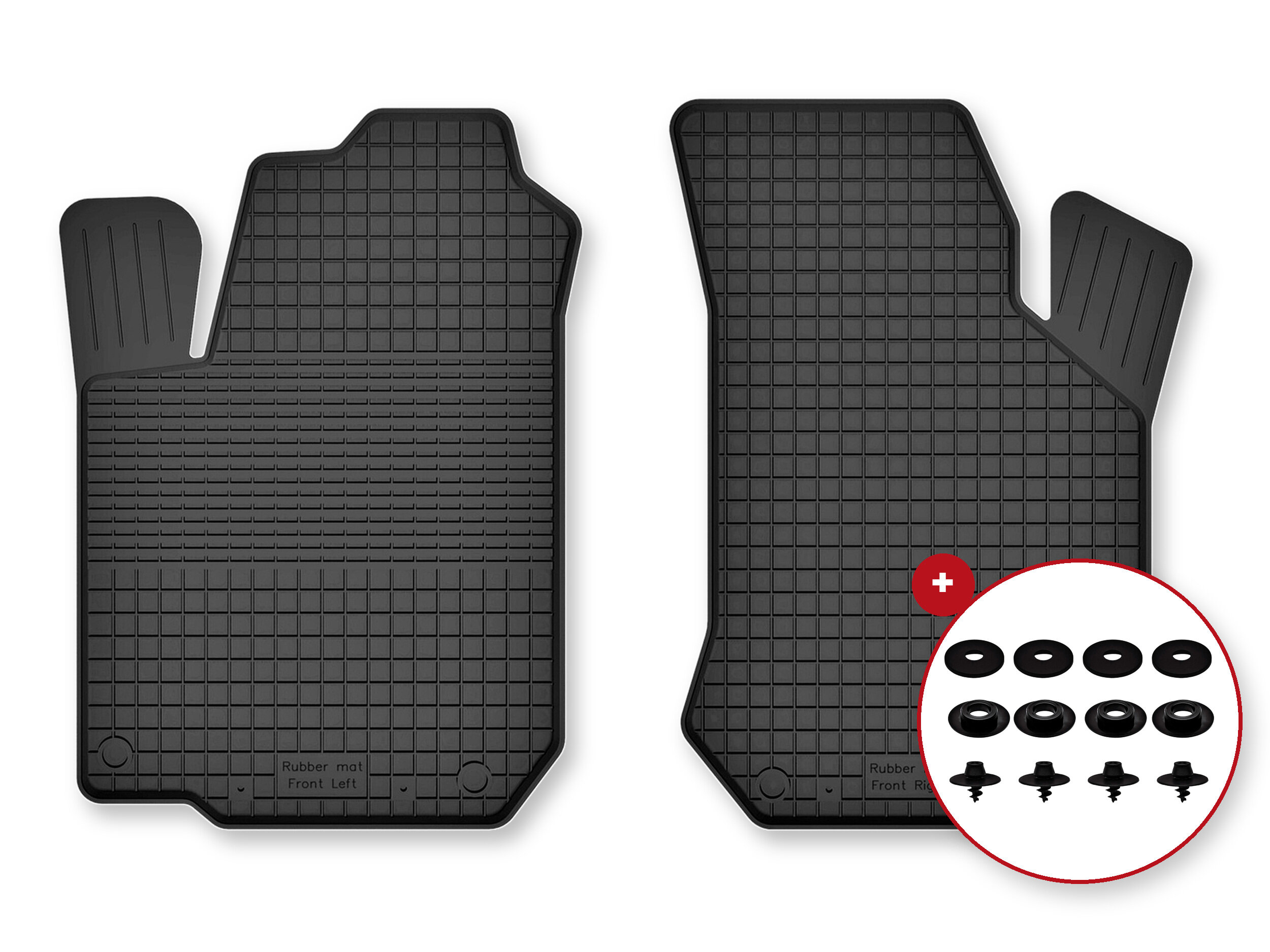 Dwa czarne gumowe dywaniki samochodowe z widocznymi napisami \'Rubber mat Front Left\' i \'Rubber mat Front Right\'. Obok znajduje się zestaw stoperów w okrągłym białym polu z czerwonym obramowaniem.