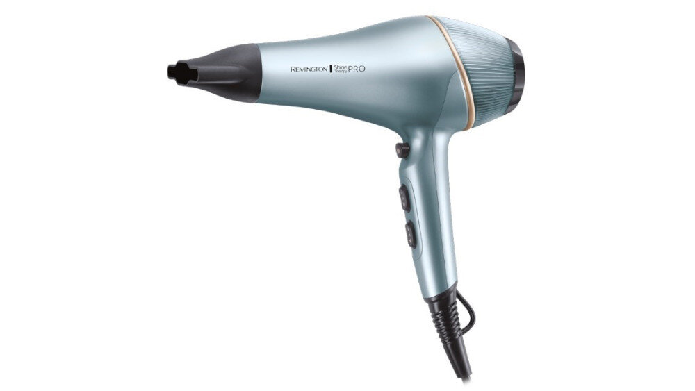 Niebieska suszarka do włosów z trzema przyciskami na uchwycie i napisem \'REMINGTON Shine Therapy PRO\' na obudowie.