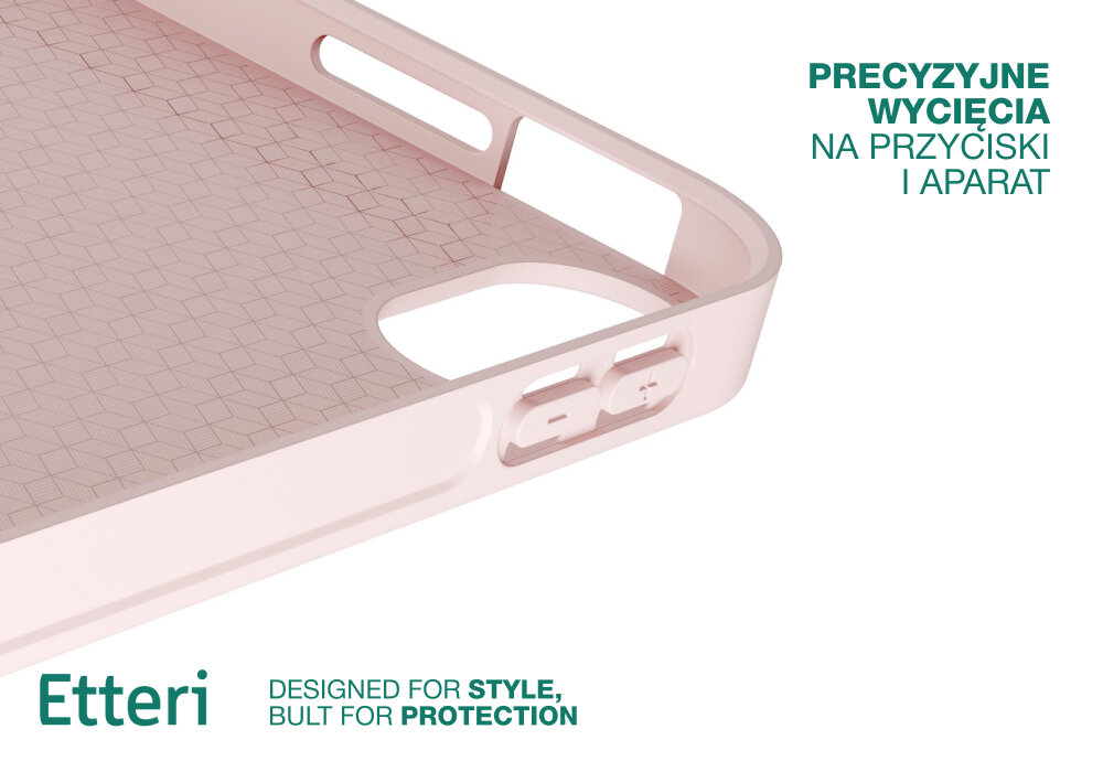 Jasnoróżowe etui na tablet z precyzyjnymi wycięciami na przyciski i aparat. Tekst na obrazie: \'PRECYZYJNE WYCIĘCIA NA PRZYCISKI I APARAT\', \'Etteri\', \'DESIGNED FOR STYLE, BUILT FOR PROTECTION\'.