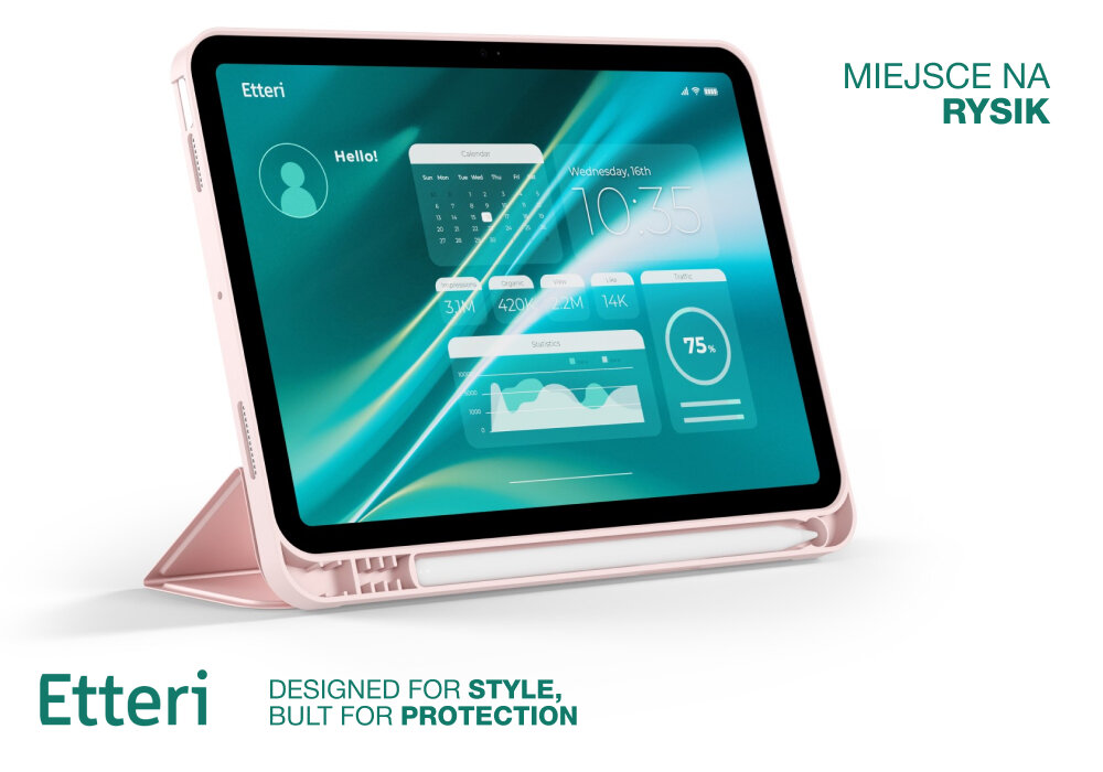 Obraz przedstawia etui na tablet w jasnoróżowym kolorze, z miejscem na rysik. Na ekranie tabletu widoczny jest interfejs z datą, godziną i różnymi wskaźnikami, a w lewym górnym rogu napis \'Etteri\'.