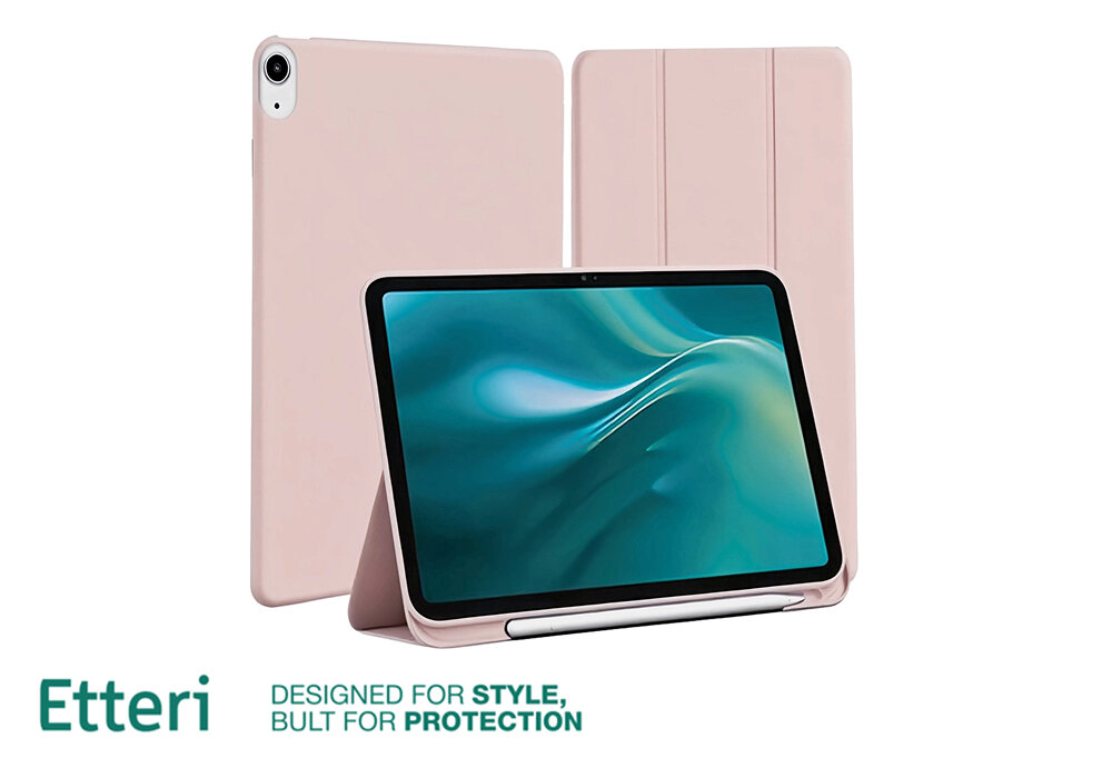 Jasnoróżowe etui na tablet z funkcją stojaka, widoczne z przodu i z tyłu. Na dole napis: \'Etteri DESIGNED FOR STYLE, BUILT FOR PROTECTION\'.