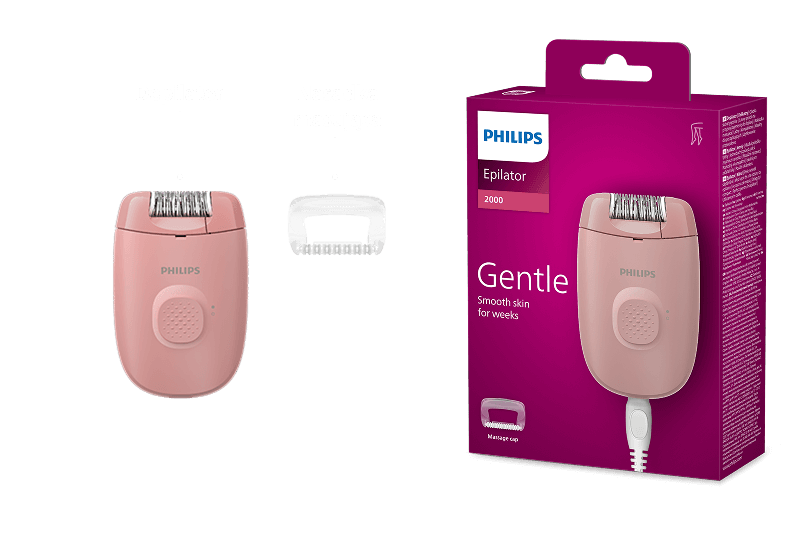 Na obrazie widoczny jest różowy depilator marki PHILIPS oraz jego opakowanie z napisem \'Gentle Smooth skin for weeks\'.