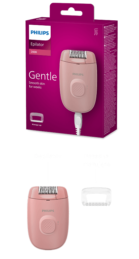Na obrazie znajduje się różowy depilator marki PHILIPS oraz jego opakowanie z napisem \'Gentle Smooth skin for weeks\'. Obok depilatora widoczna jest nasadka masująca.