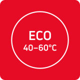 Czerwony kwadrat z białym okręgiem, w środku którego znajduje się napis \'ECO 40-60°C\'.