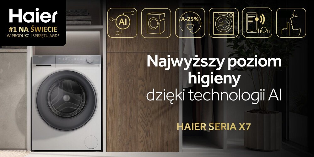 Obraz przedstawia pralkę umieszczoną w zabudowie, obok której znajduje się tekst: \'Najwyższy poziom higieny dzięki technologii AI\'. W lewym górnym rogu widoczne jest logo \'Haier #1 NA ŚWIECIE W PRODUKCJI SPRZĘTU AGD\'.