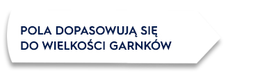 Obraz przedstawia strzałkę z tekstem: \'POLA DOPASOWUJĄ SIĘ DO WIELKOŚCI GARNKÓW\'.