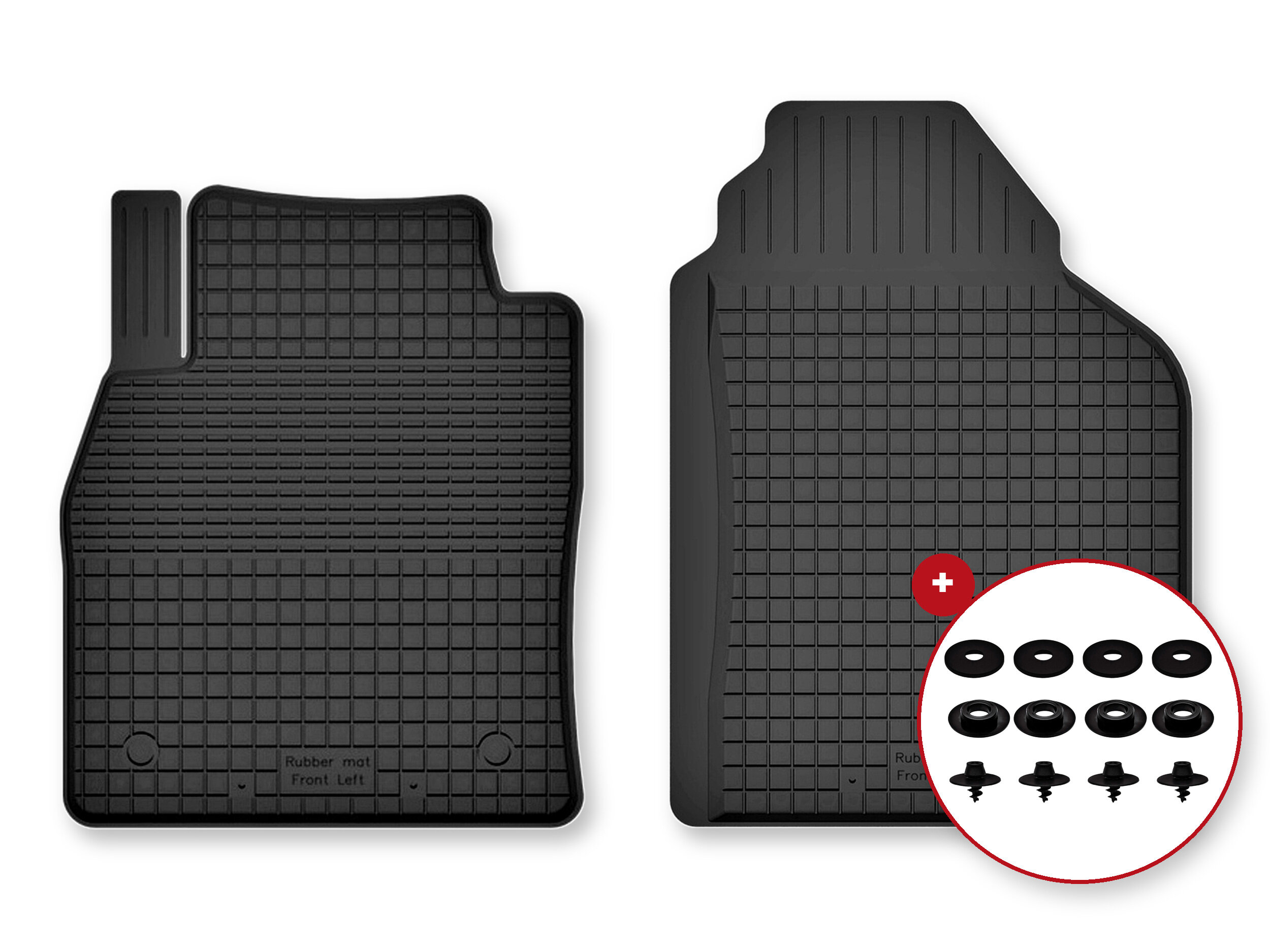 Na obrazie widoczne są dwa czarne gumowe dywaniki samochodowe z tekstem \'Rubber mat Front Left\'. Obok znajduje się okrągłe pole z zestawem stoperów w kolorze czarnym.