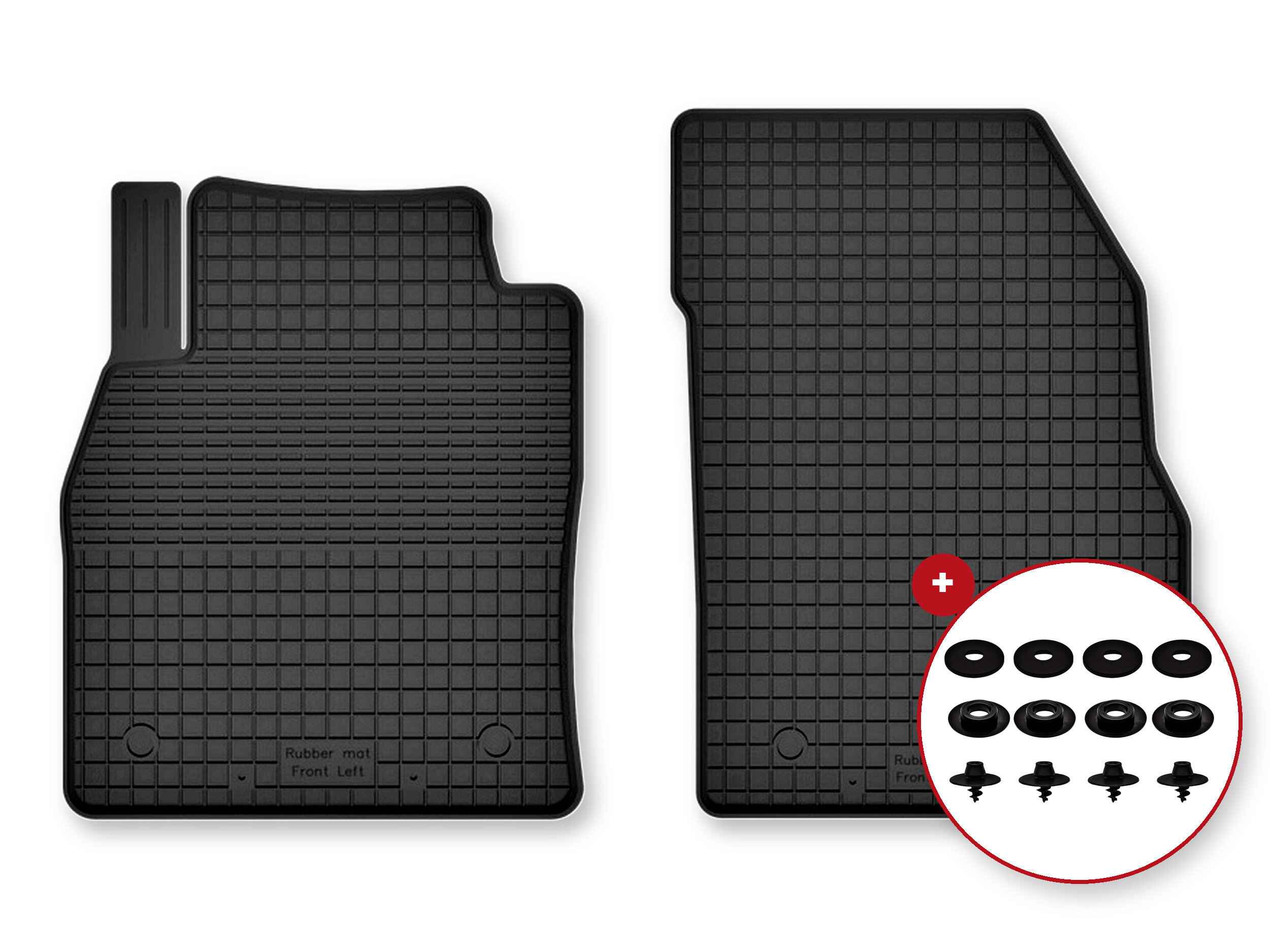 Dwa czarne gumowe dywaniki samochodowe z widocznymi stoperami i tekstem \'Rubber mat Front Left\'. Obok znajduje się okrągłe pole z dodatkowymi elementami montażowymi.