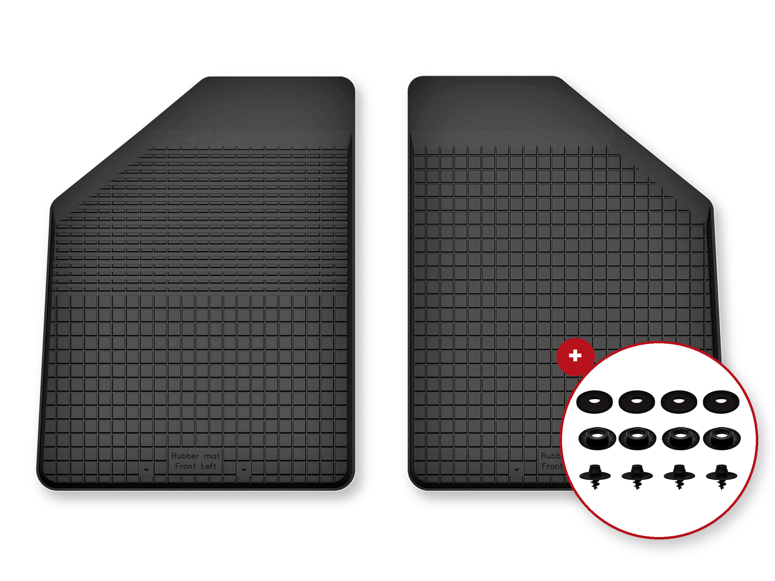 Dwa czarne gumowe dywaniki samochodowe z widocznym wzorem kratki, oznaczone jako \'Rubber mat front left\'. Obok znajduje się zestaw stoperów w okrągłym białym polu z czerwonym obramowaniem.
