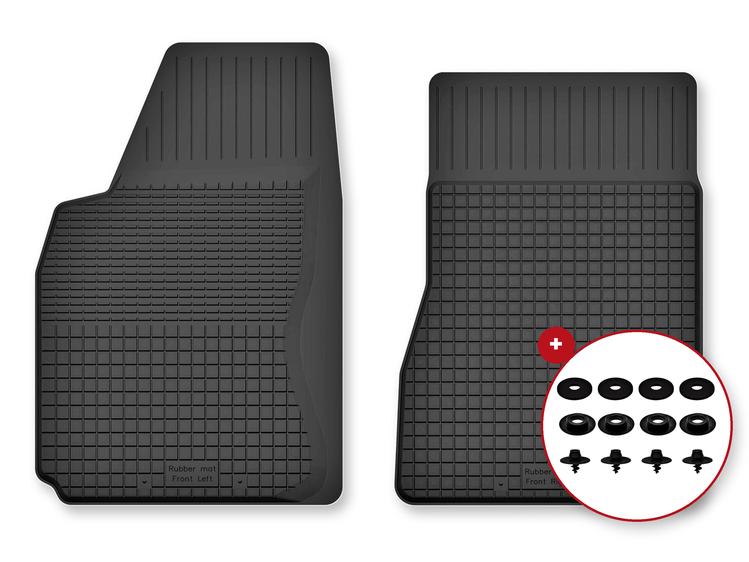 Dwa czarne dywaniki samochodowe z gumy o korytkowej strukturze, z widocznymi stoperami w okrągłym powiększeniu. Na dywanikach widoczny jest tekst: \'Rubber mat Front Left\'.