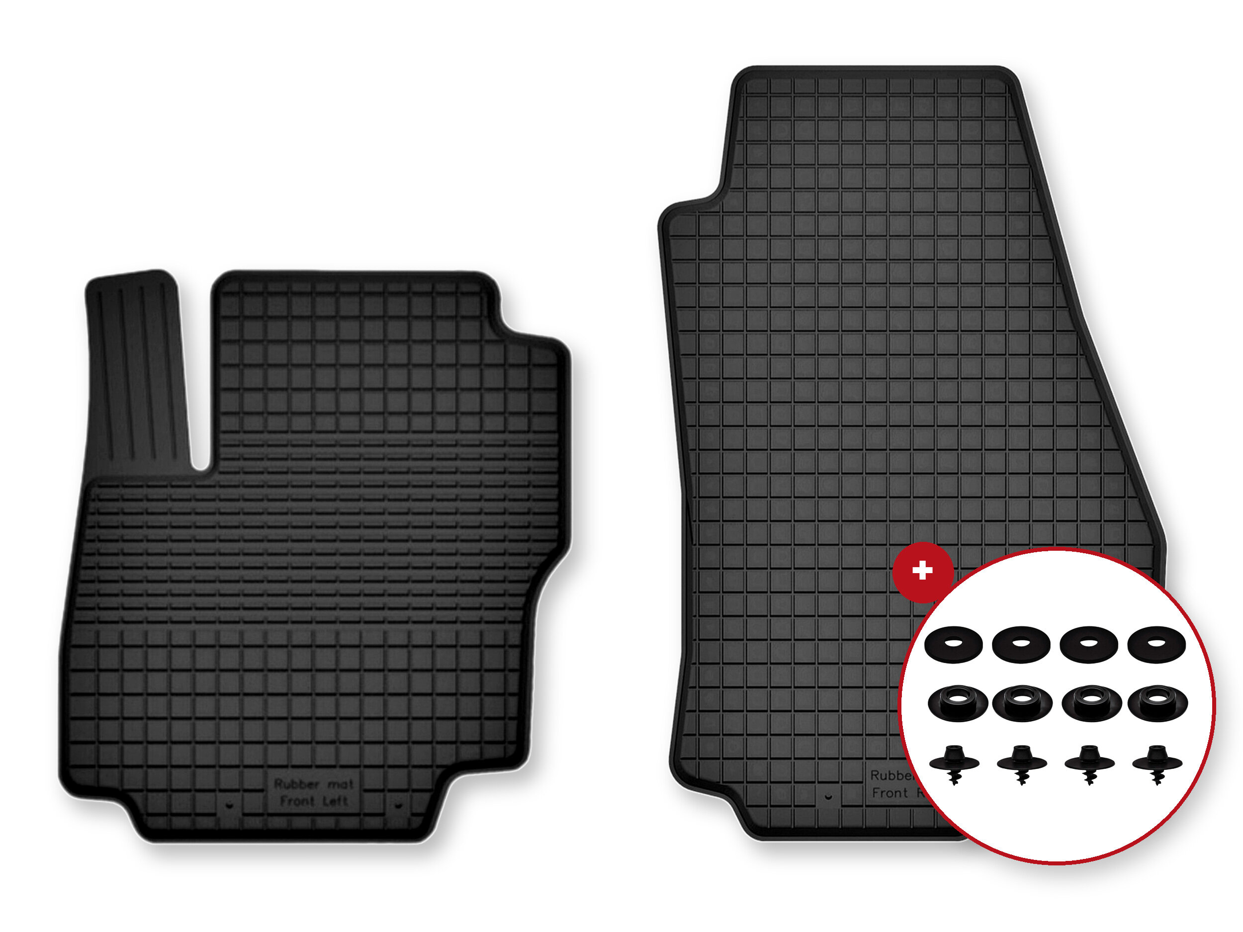 Na obrazie widoczne są dwa czarne dywaniki samochodowe z gumy o korytkowej strukturze, z napisem \'Rubber mat front left\'. Obok znajduje się zestaw stoperów w okrągłym powiększeniu.