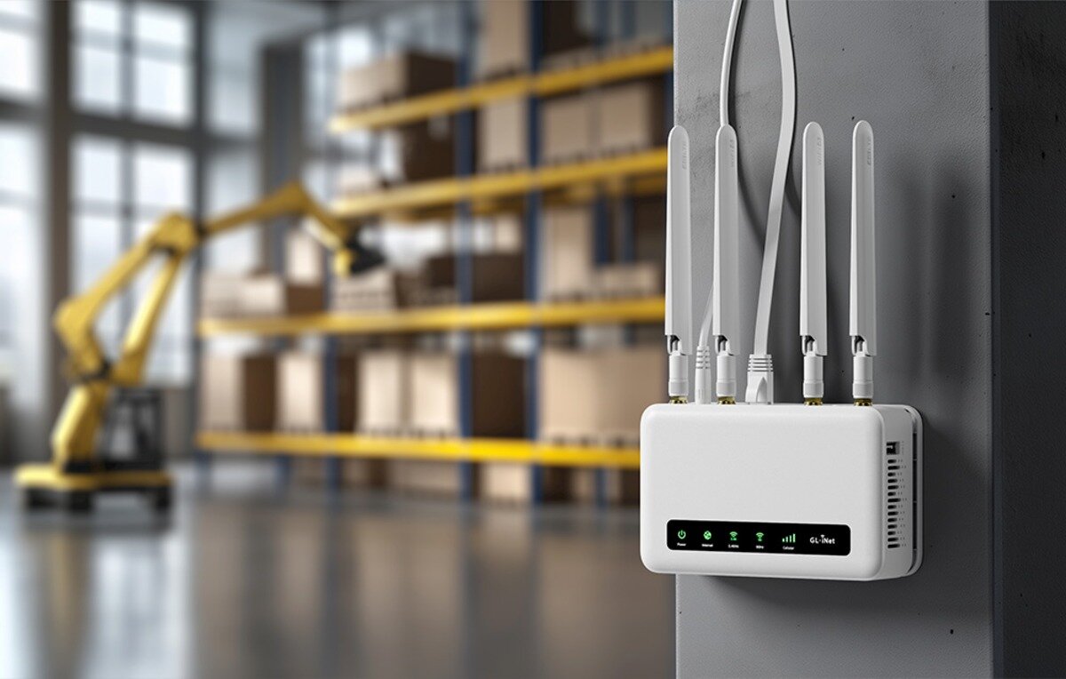 Biały router z czterema antenami zamontowany na słupie w magazynie. W tle wózek widłowy i regały z kartonami.