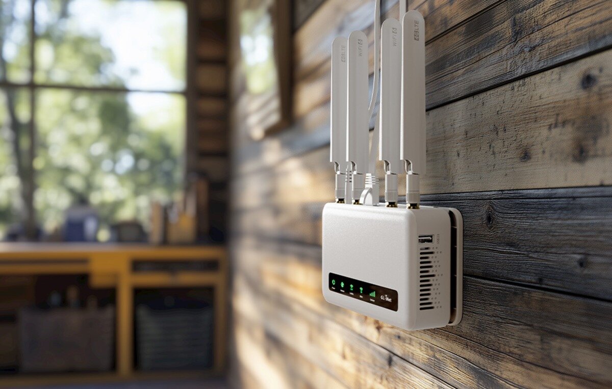 Biały router z czterema antenami zamontowany na drewnianianej ścianie. Z prawej strony widoczne gniazda i porty. W tle rozmyte wnętrze z oknem.
