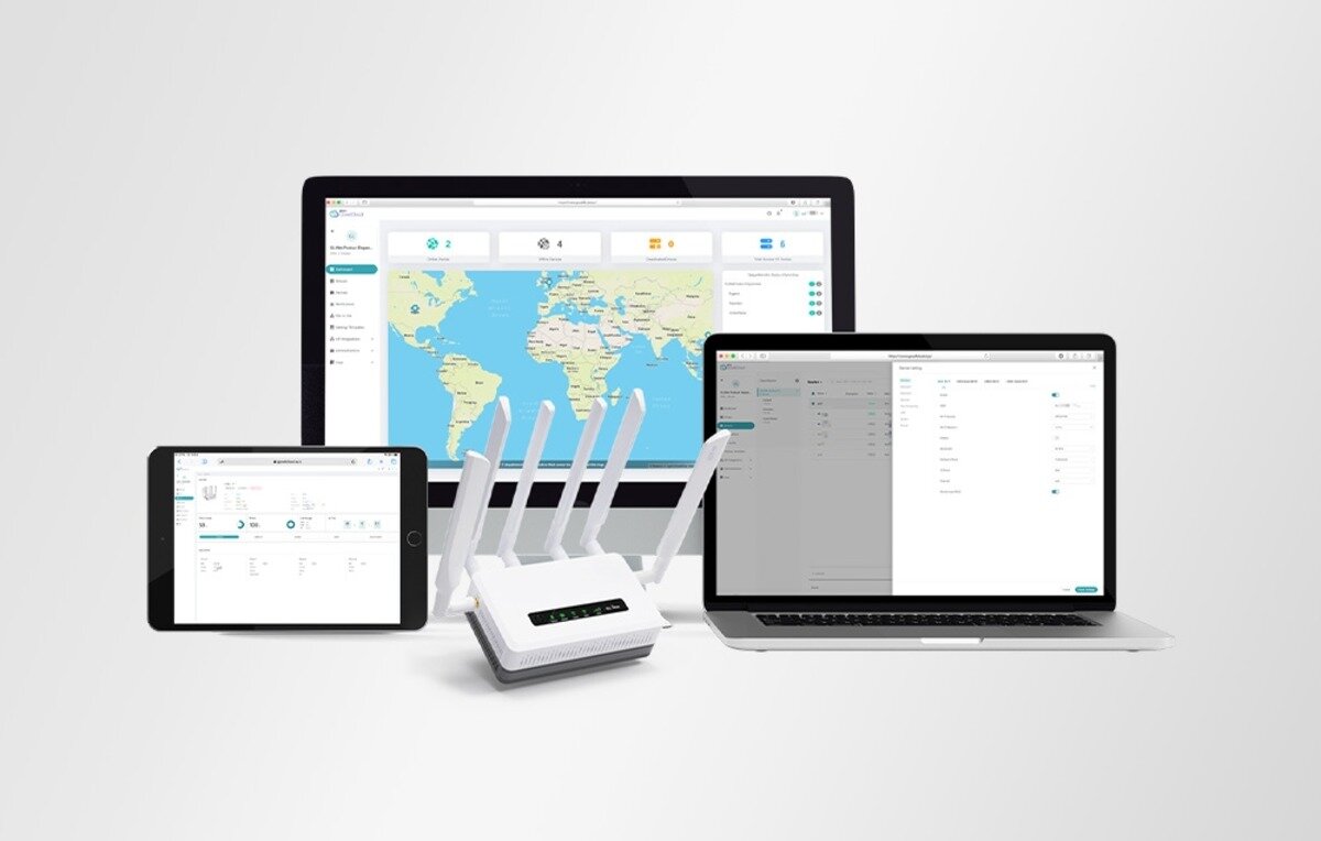 Biały router z 6 antenami otoczony tabletem, laptopem i monitorem z mapą panelu GoodCloud