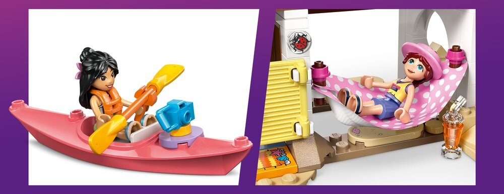 Na obrazie znajdują się dwie figurki LEGO: jedna w czerwonym kajaku z żółtym wiosłem, druga leży na różowym hamaku w białe kropki. Tło jest fioletowe.