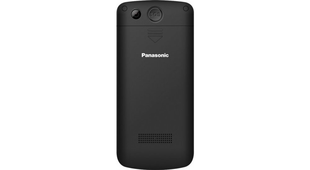 Czarny telefon komórkowy z widocznym logo \'Panasonic\' na tylnej obudowie. Na górze znajduje się przycisk z napisem \'SOS\'.