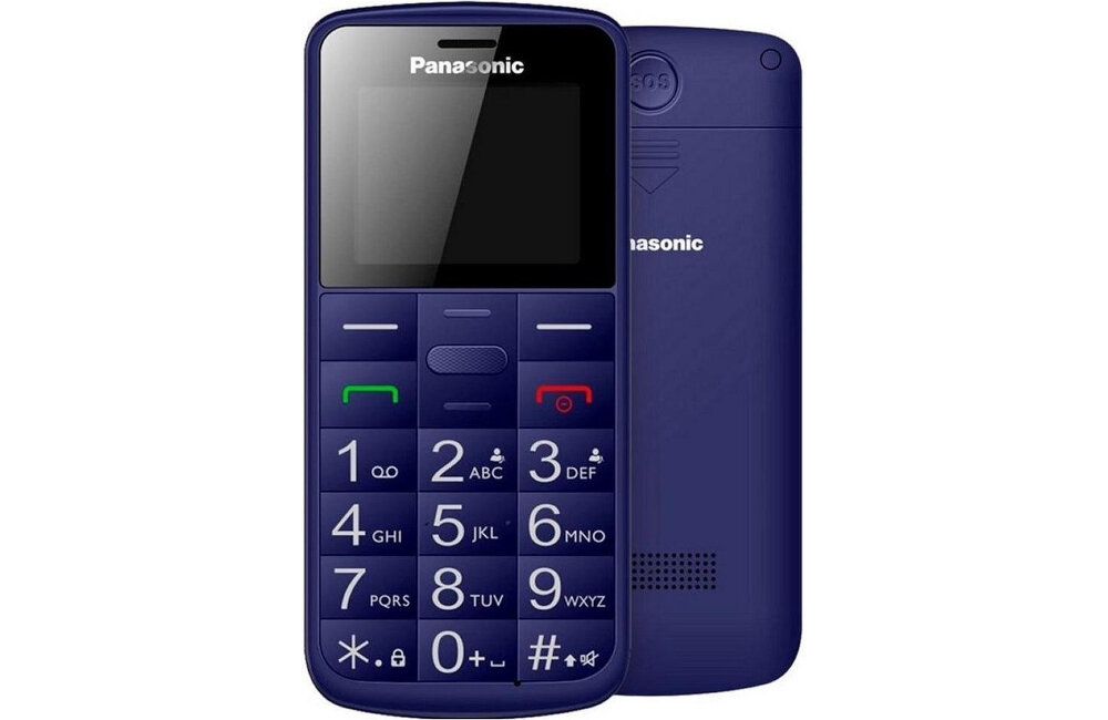 Na obrazie widoczny jest telefon komórkowy z dużymi przyciskami numerycznymi i ekranem. Na obudowie znajduje się logo \'Panasonic\'.