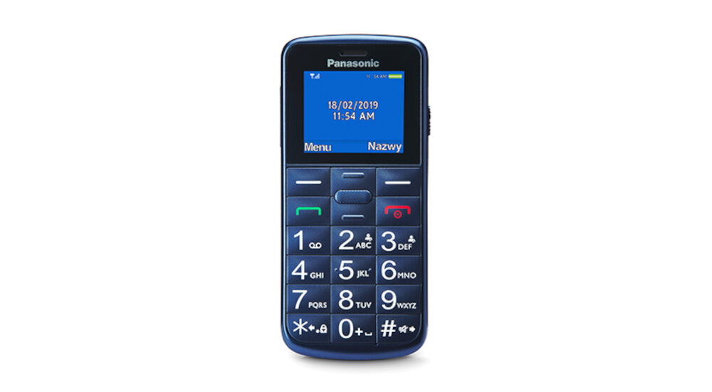Niebieski telefon komórkowy z dużymi przyciskami numerycznymi i ekranem wyświetlającym datę 18/02/2019 oraz godzinę 11:54 AM. Na ekranie widoczne są również opcje \'Menu\' i \'Nazwy\', a nad ekranem znajduje się logo \'Panasonic\'.