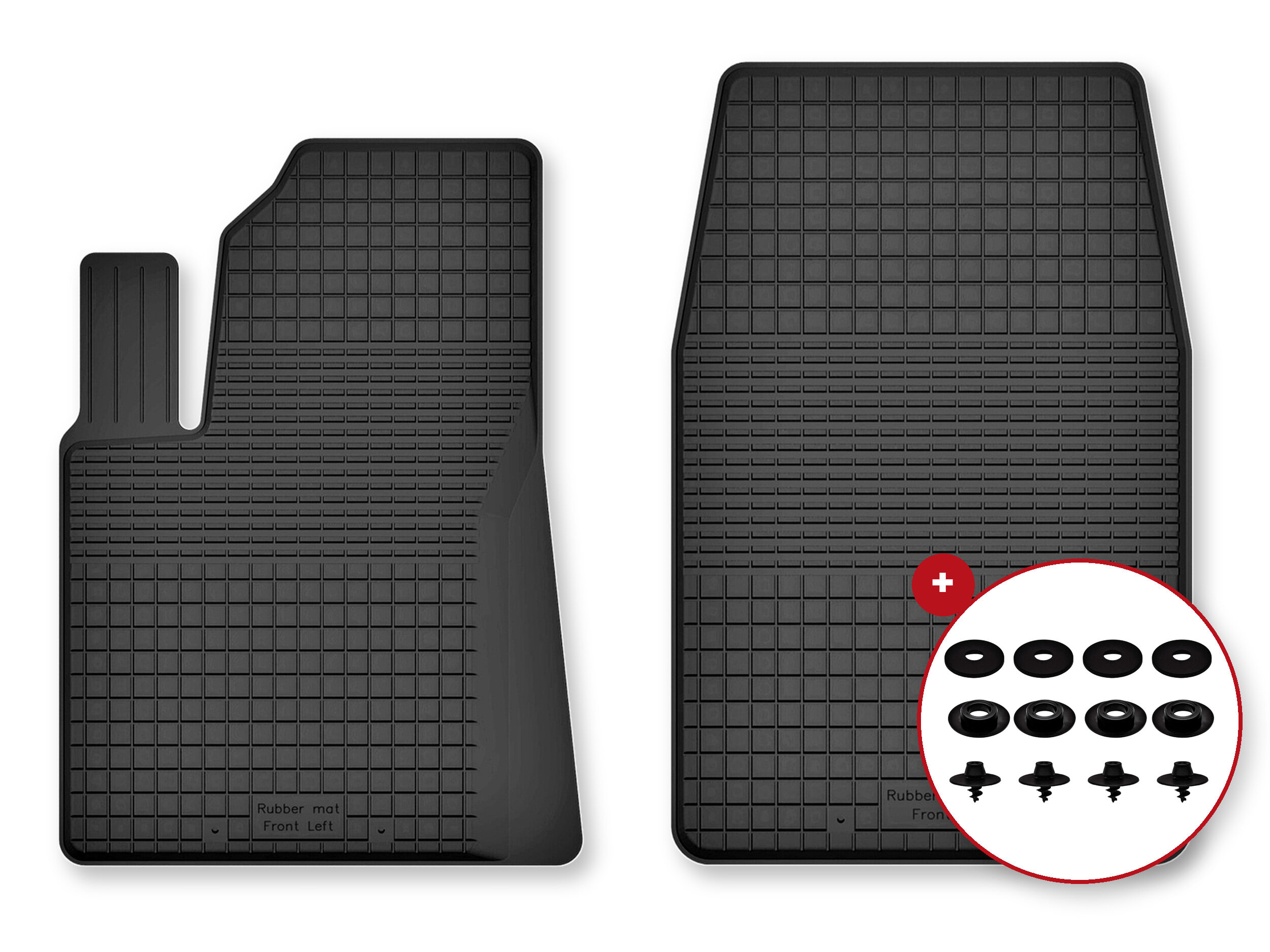 Dwa czarne gumowe dywaniki samochodowe z widocznymi stoperami w okrągłym powiększeniu. Na jednym z dywaników widoczny jest napis \'Rubber mat Front Left\'.
