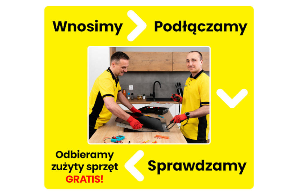 Dwóch mężczyzn w żółtych koszulkach montuje urządzenie na blacie kuchennym. Na żółtym tle widnieją napisy: \'Wnosimy\', \'Podłączamy\', \'Sprawdzamy\', \'Odbieramy zużyty sprzęt GRATIS!\'.