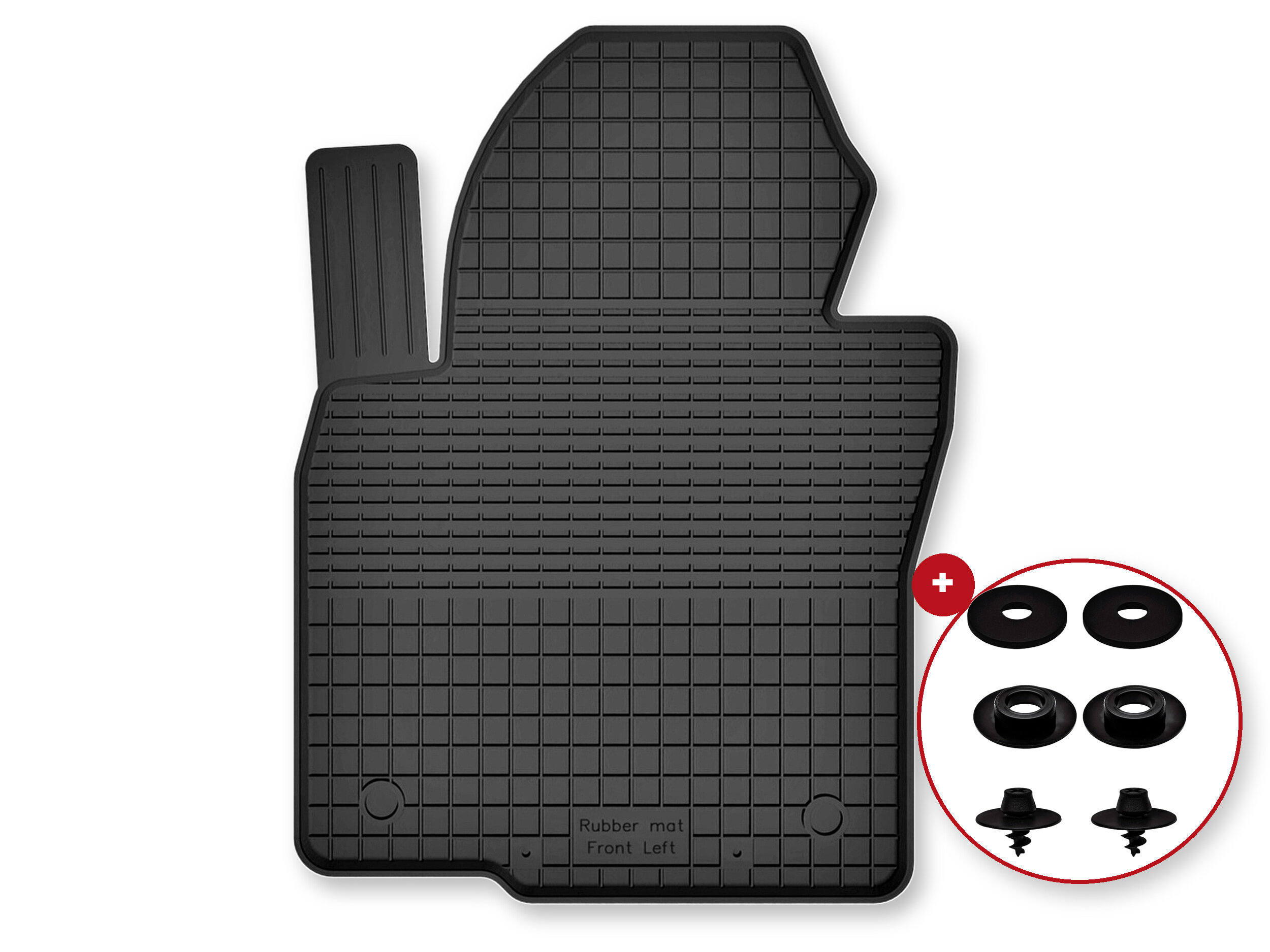 Czarny gumowy dywanik samochodowy z napisem \'Rubber mat Front Left\' oraz zestawem stoperów w okrągłym obramowaniu.