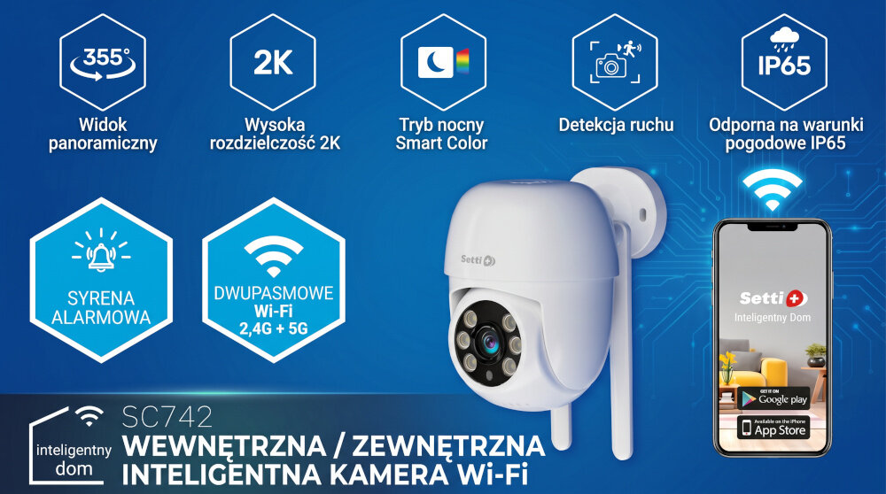 Obraz przedstawia kamerę IP Setti+ SC742 z funkcjami takimi jak widok panoramiczny 355°, wysoka rozdzielczość 2K, tryb nocny Smart Color, detekcja ruchu i odporność na warunki pogodowe IP65. Widoczne są również ikony syreny alarmowej, dwupasmowego Wi-Fi 2,4G + 5G oraz aplikacji mobilnej Setti+ Inteligentny Dom.