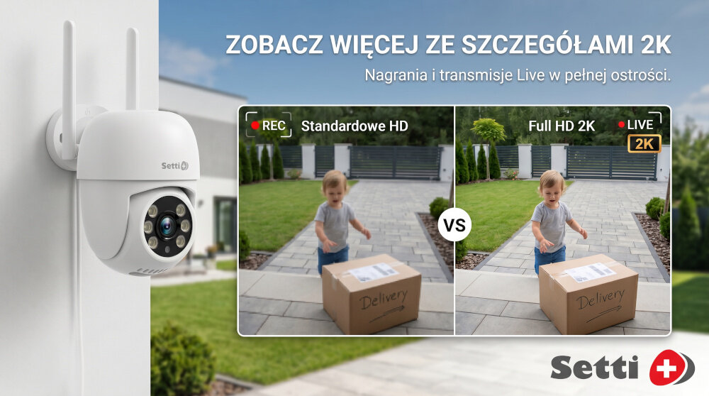 Obraz przedstawia kamerę IP Setti+ zamontowaną na ścianie oraz porównanie jakości obrazu: Standardowe HD i Full HD 2K. Widoczny jest napis \'ZOBACZ WIĘCEJ ZE SZCZEGÓŁAMI 2K\' oraz logo Setti+.
