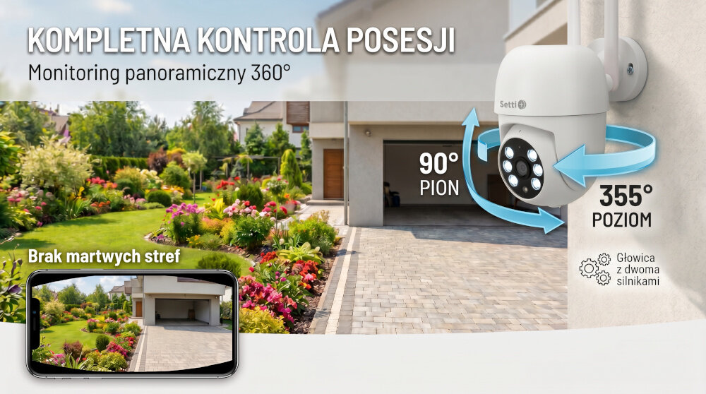 Obraz przedstawia zewnętrzną kamerę obrotową zamontowaną na ścianie budynku, z oznaczeniami 90° pion i 355° poziom. Widoczny jest napis: \'KOMPLETNA KONTROLA POSESJI Monitoring panoramiczny 360°\' oraz \'Brak martwych stref\'.