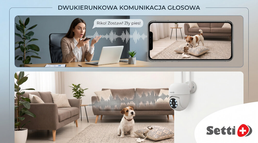 Obraz przedstawia kobietę siedzącą przy biurku z laptopem, mówiącą do mikrofonu, oraz ekran telefonu z widokiem psa w salonie. Na dole widoczna jest kamera obrotowa zamontowana na ścianie, a obok logo Setti+.
