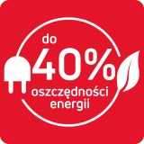Czerwony kwadrat z białym tekstem: \'do 40% oszczędności energii\'. Obok tekstu znajduje się ikona wtyczki elektrycznej i liścia.
