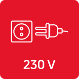 Czerwony kwadrat z białą ikoną wtyczki i gniazdka oraz napisem \'230 V\'.