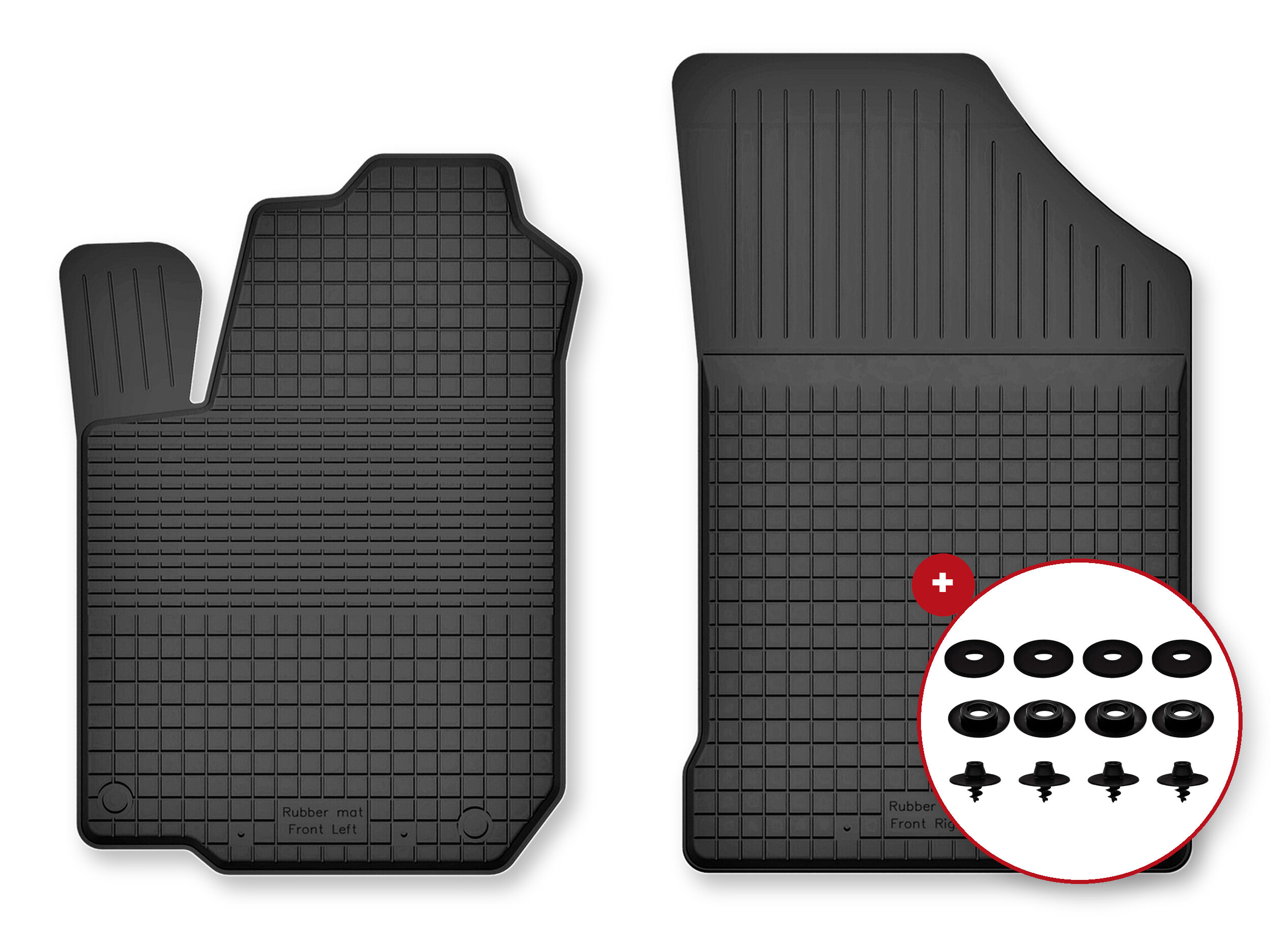 Na obrazie widoczne są dwa czarne dywaniki samochodowe z gumy o korytkowej strukturze, z oznaczeniami \'Rubber mat front left\' i \'Front right\'. Obok znajduje się okrągłe pole z zestawem stoperów w kolorze czarnym.