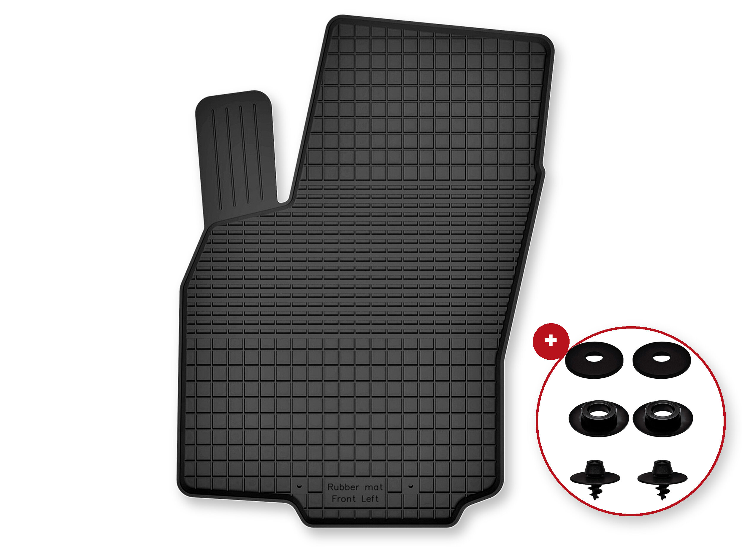 Czarny gumowy dywanik samochodowy z korytkowym wzorem i napisem \'Rubber mat Front Left\'. Obok widoczne są cztery okrągłe elementy montażowe w czerwonym okręgu.