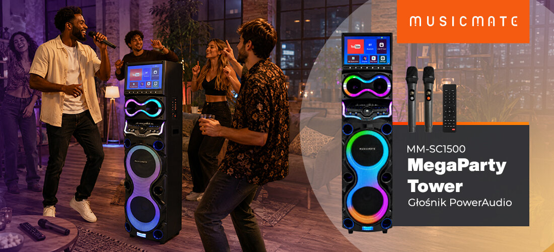 Power Audio MUSICMATE KTV MM-SC1500, 160 W RMS, power audio stojące na ziemi w pomieszczeniu, osoby tańczące w rytm muzyki