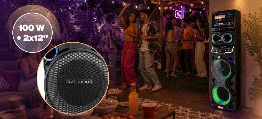 Power Audio MUSICMATE KTV MM-SC1500, 160 W RMS, dwa subwoofery 12 cali, ekran dotykowy 15,4 cala, Android, Bluetooth i RGB LED, power audio stojące na ziemi w pomieszczeniu, osoby tańczące w rytm muzyki