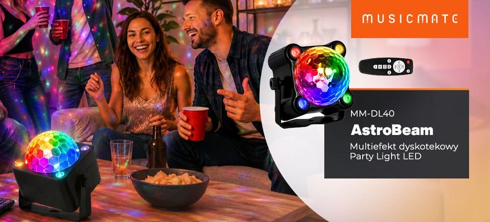 Multiefekt dyskotekowy MUSICMATE MM-DL40 AstroBeam Party Light LED do imprez, urządzenie stojące na stole w pomieszczeniu