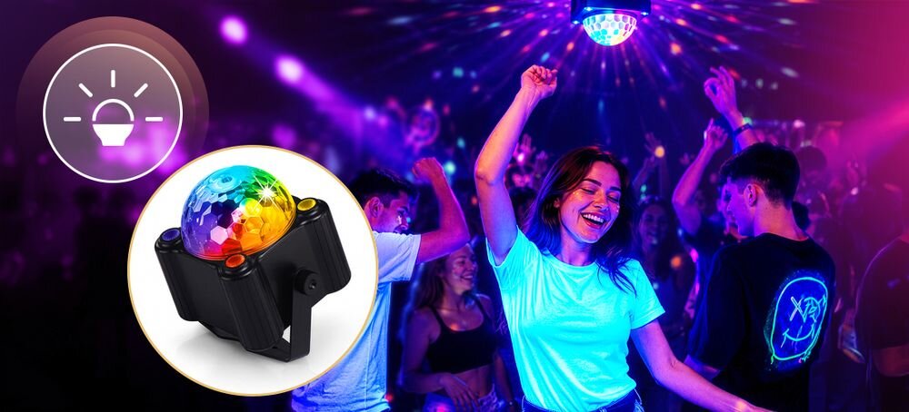 Multiefekt dyskotekowy MUSICMATE MM-DL40 AstroBeam Disco Ball LED UV 14 W 13,5 x 13,5 x 15 cm, urządzenie zawieszone na suficie w pomieszczeniu
