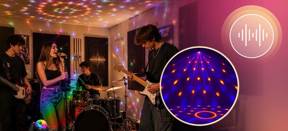 Multiefekt dyskotekowy MUSICMATE MM-DL40 AstroBeam Disco Ball LED UV karaoke urodziny, urządzenie stojące na stole w pomieszczeniu