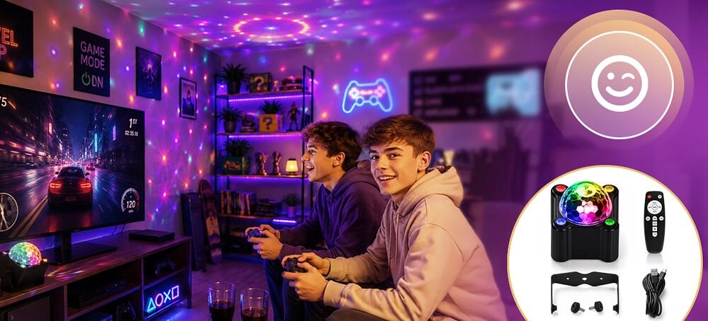 Multiefekt dyskotekowy MUSICMATE MM-DL40 AstroBeam pilot zdalnego sterowania stroboskop Disco LED UV, urządzenie stojące na komodzie w pomieszczeniu