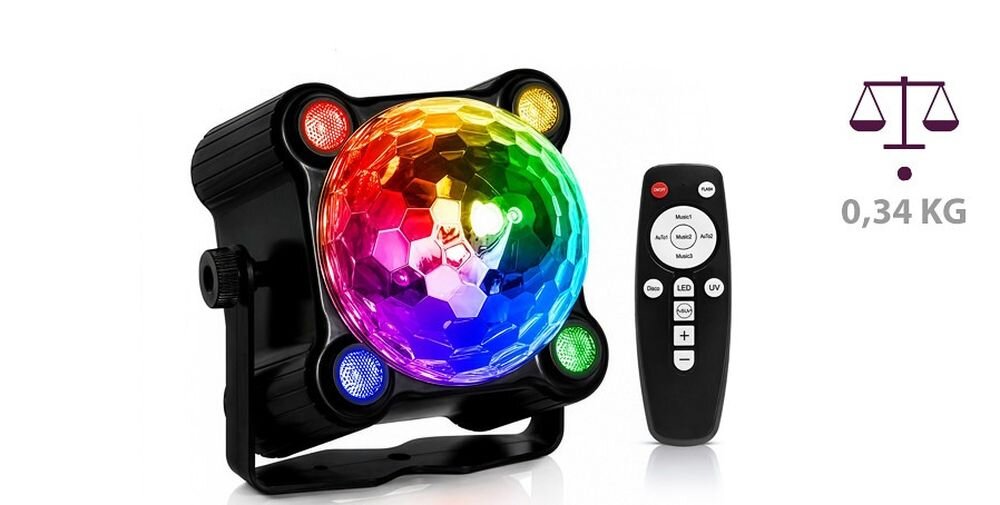 Multiefekt dyskotekowy MUSICMATE MM-DL40 AstroBeam DC 5 V 2 A uchwyt oświetlenie wewnętrzne, urządzenie po skosie na białym tle