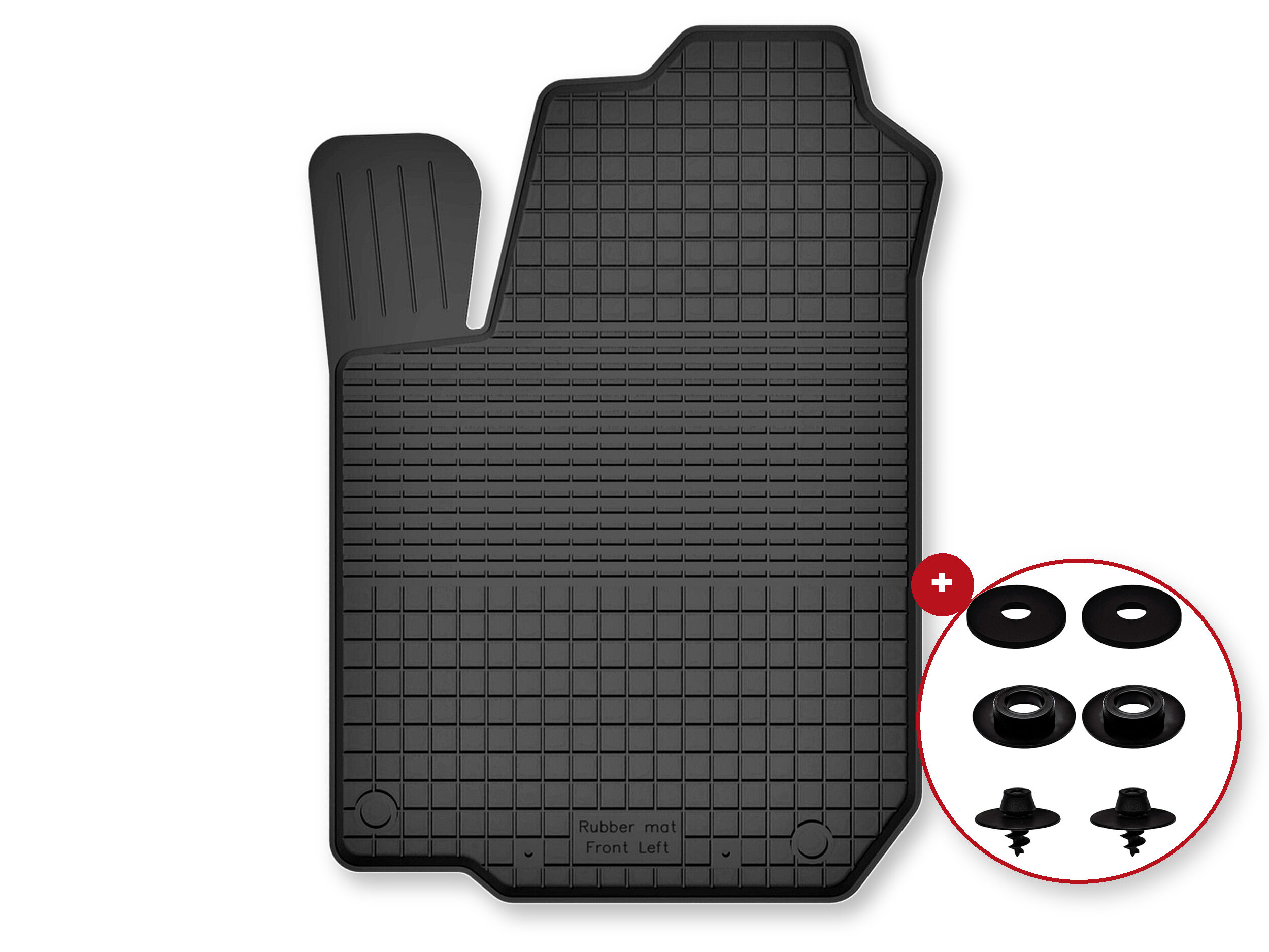 Czarny dywanik samochodowy z gumy o kształcie dopasowanym do podłogi, z widocznymi stoperami. Na dywaniku znajduje się napis: \'Rubber mat Front Left\'.