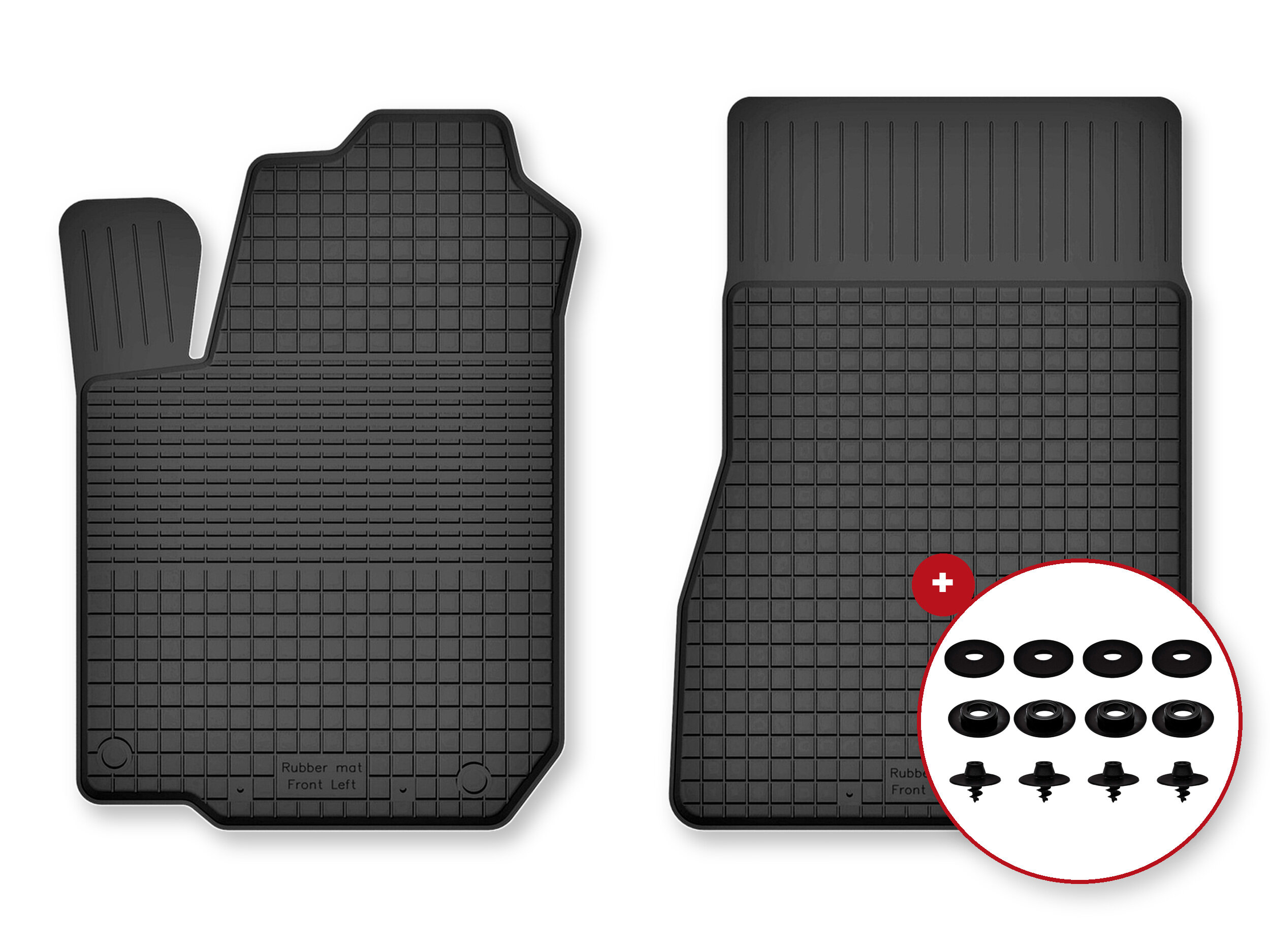 Na obrazie widoczne są dwa czarne dywaniki samochodowe z gumy o korytkowej strukturze, z napisem \'Rubber mat Front Left\'. Obok znajduje się okrągłe powiększenie pokazujące zestaw stoperów.