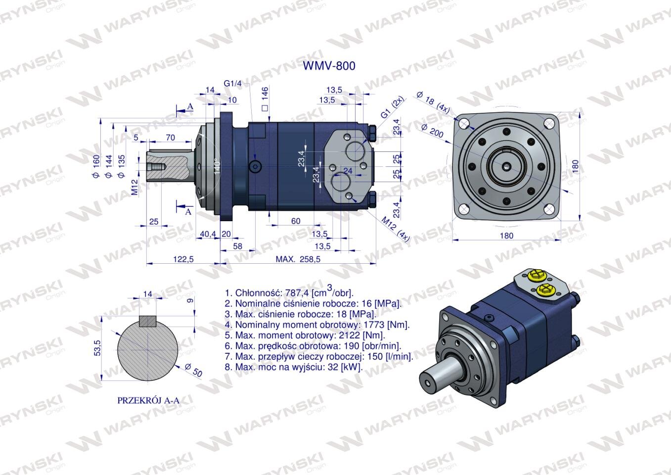 Rysunek techniczny silnika hydraulicznego orbitalnego WMV-800 z wymiarami i specyfikacją techniczną. Widoczne są szczegóły konstrukcyjne oraz parametry takie jak ciśnienie robocze, moment obrotowy i przepływ cieczy.