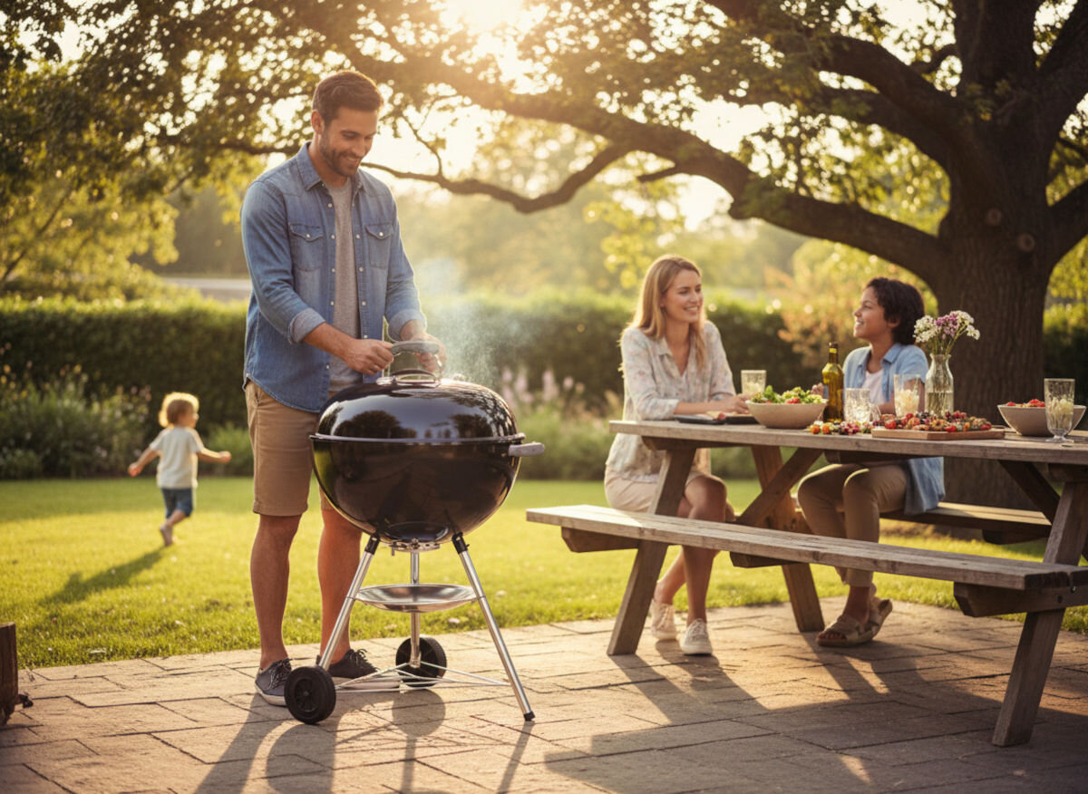 Na obrazie widać osobę obsługującą okrągły grill węglowy na kółkach, obok którego siedzą dwie osoby przy drewnianym stole piknikowym z jedzeniem. W tle znajduje się drzewo i trawnik, a w oddali bawi się dziecko.