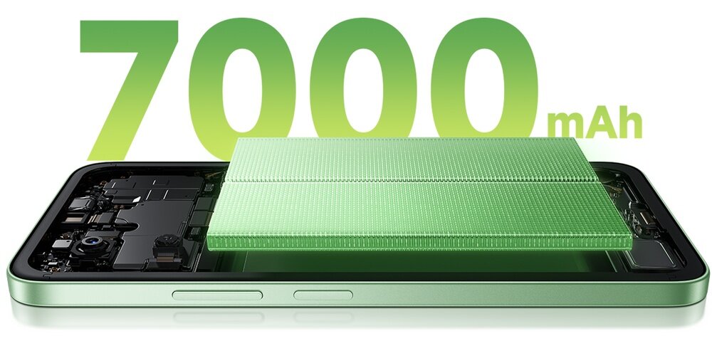 Obraz przedstawia zielony smartfon z widocznym wnętrzem, na którym znajduje się duża liczba \'7000 mAh\'.