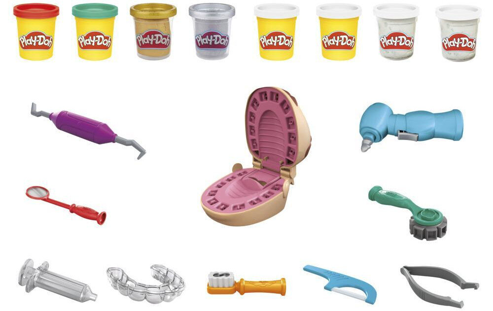 Zestaw zawiera różnokolorowe pojemniki z ciastoliną Play-Doh oraz narzędzia dentystyczne z tworzywa sztucznego, w tym szczękę, wiertło i szczoteczkę do zębów.