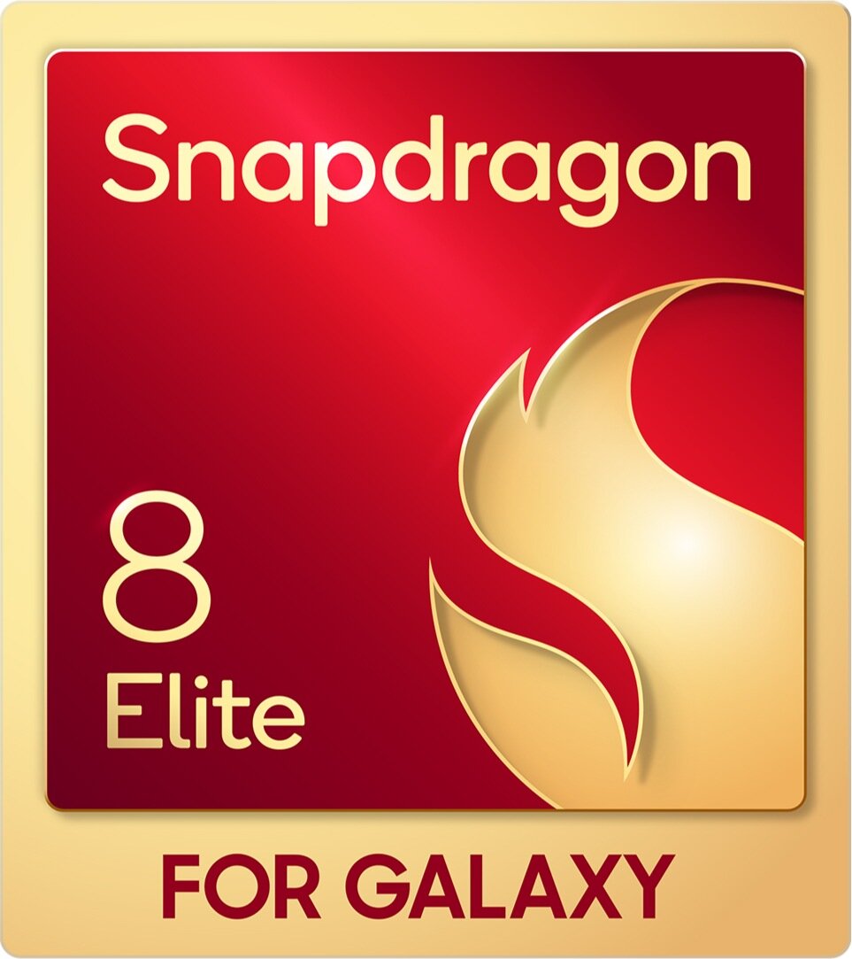 Obraz przedstawia logo z napisem \'Snapdragon 8 Elite\' oraz \'FOR GALAXY\' na czerwonym tle z elementami złotego płomienia.