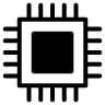 Ikona przedstawiająca czarny symbol mikroprocesora na białym tle.