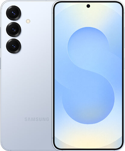 Smartfon z trzema aparatami z tyłu i ekranem z okrągłym wycięciem na aparat przedni. Na ekranie widoczny jest niebieski wzór w kształcie litery S oraz logo \'SAMSUNG\' na dole obudowy.